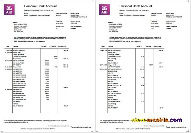 Ireland Allied Irish Banks (AIB) statement of account Word and PDF, 2 pages